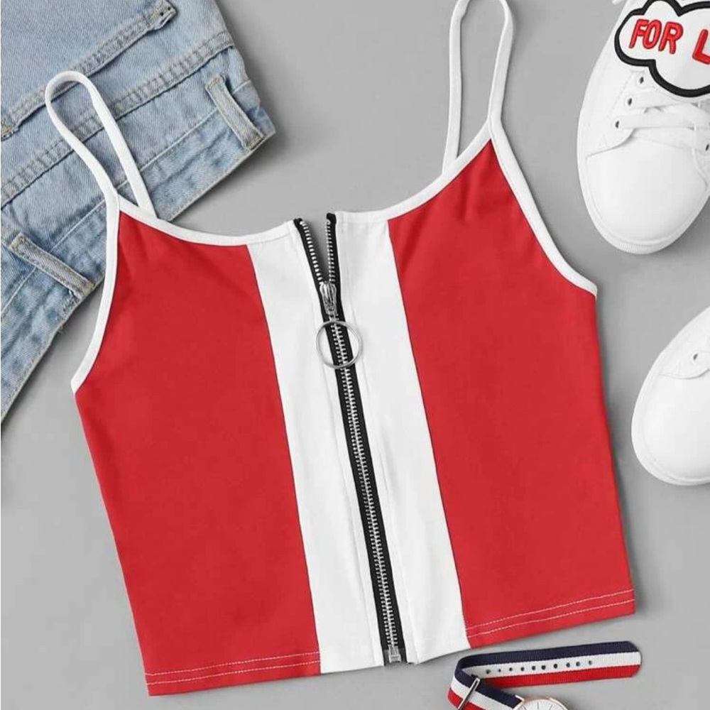 Full Zip White & Red Tank Top
